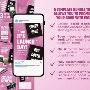 K&ouml;nnte beinhalten: Ein digitales Marketing-Vorlagenpaket zur Buchwerbung mit einem Smartphone, das einen rosa Social-Media-Beitrag mit dem Text IT'S LAUNCH DAY und Platzhaltern f&uuml;r Buchcover anzeigt. Die Grafik enth&auml;lt eine Liste mit Vorteilen f&uuml;r die Erstellung.
