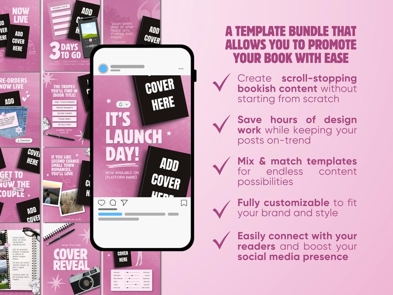 K&ouml;nnte beinhalten: Ein digitales Marketing-Vorlagenpaket zur Buchwerbung mit einem Smartphone, das einen rosa Social-Media-Beitrag mit dem Text IT'S LAUNCH DAY und Platzhaltern f&uuml;r Buchcover anzeigt. Die Grafik enth&auml;lt eine Liste mit Vorteilen f&uuml;r die Erstellung.