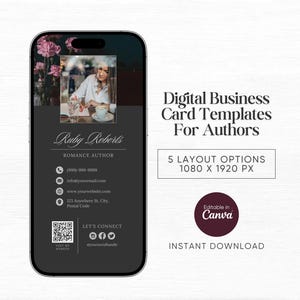 Auteur Digitaal visitekaartje Auteursjabloon Canva Romantiek Auteur Branding Schrijvermarketing QR-code visitekaartje Boekmarketingpromo