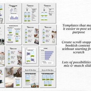 May include: A collection of digital templates for book lovers, featuring layouts for reading challenges, stats, and favorites. The pages are white with green and blue accents, and include the text "A Year of Books 2025 Edition".