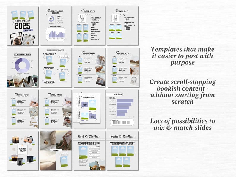 May include: A collection of digital templates for book lovers, featuring layouts for reading challenges, stats, and favorites. The pages are white with green and blue accents, and include the text "A Year of Books 2025 Edition".