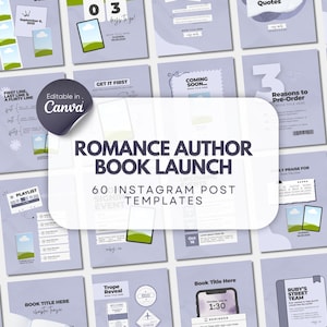 Puede incluir: Una colección de 60 plantillas de publicaciones de Instagram para el lanzamiento de un libro de romance, con un esquema de color violeta claro, varios diseños, marcadores de posición de texto y elementos gráficos editables en Canva.