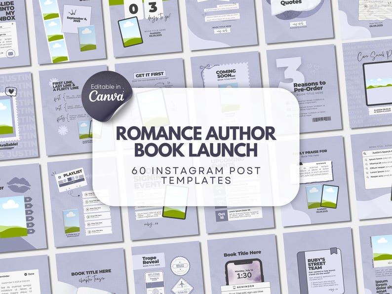 May include: A collection of 60 Instagram post templates for a romance author book launch, featuring a light purple color scheme with various layouts, text placeholders, and graphic elements, all editable in Canva with a central overlay label.