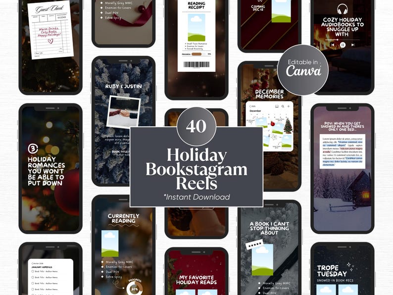 May include: A collection of 40 Holiday Bookstagram Reels, instantly downloadable and editable in Canva. The image showcases various phone screens with festive designs, including reading receipts, holiday romance themes, and cozy audiobook suggestions.
