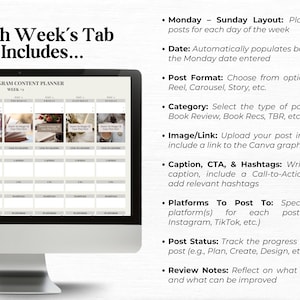 May include: A computer screen displaying a weekly content planner for Instagram. The planner includes sections for each day of the week, with fields for date, post format, category, image/link, caption, CTA, hashtags, platforms to post to, post status, and review notes.