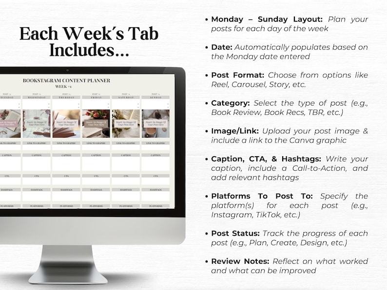 May include: A computer screen displaying a weekly content planner for Instagram. The planner includes sections for each day of the week, with fields for date, post format, category, image/link, caption, CTA, hashtags, platforms to post to, post status, and review notes.