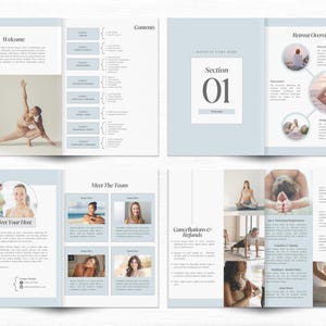 May include: A brochure for a yoga retreat with a blue and white color scheme. The brochure includes information about the retreat, the host, the team, and the policies. The brochure also includes photos of people doing yoga.