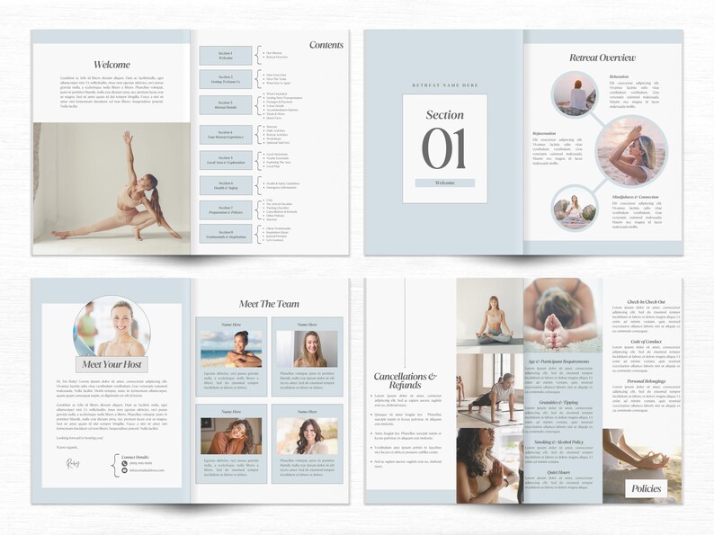 May include: A brochure for a yoga retreat with a blue and white color scheme. The brochure includes information about the retreat, the host, the team, and the policies. The brochure also includes photos of people doing yoga.