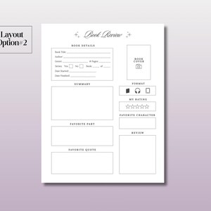 May include: A printable book review template with sections for book details, summary, favorite part, favorite quote, format, rating, favorite character, and review. The template has a simple design with black text and lines on a white background.