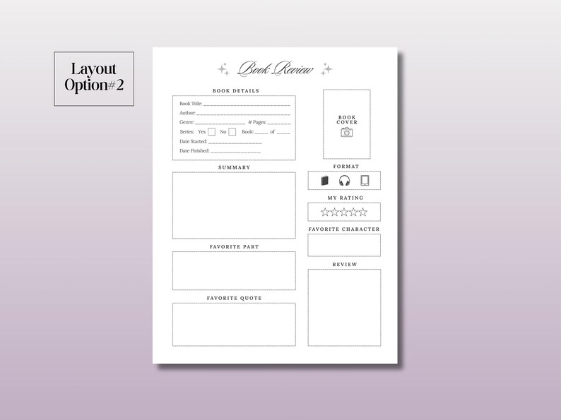 May include: A printable book review template with sections for book details, summary, favorite part, favorite quote, format, rating, favorite character, and review. The template has a simple design with black text and lines on a white background.