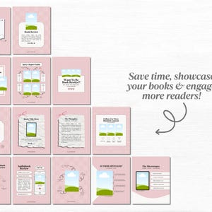 May include: A set of 12 pink and green social media templates for book reviews. The templates feature a variety of designs, including a book cover, a book series review, a chapter guide, a book review, a book title, a book review, a book review, a book review, a book review, a book review, a book review, and a book review. The text on the templates includes "Book Review", "Book Series Review", "Spicy Chapter Guide", "Want To Be Book Besties?!", "Your Cover Title Goes Here", "Book Title Goes Here", "My Thoughts", "Follow For More Bookish Content", "Author Spotlight", "The Microgenres", "Audiobook Review", and "Audiobook Review".
