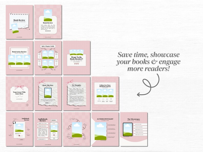 May include: A set of 12 pink and green social media templates for book reviews. The templates feature a variety of designs, including a book cover, a book series review, a chapter guide, a book review, a book title, a book review, a book review, a book review, a book review, a book review, a book review, and a book review. The text on the templates includes "Book Review", "Book Series Review", "Spicy Chapter Guide", "Want To Be Book Besties?!", "Your Cover Title Goes Here", "Book Title Goes Here", "My Thoughts", "Follow For More Bookish Content", "Author Spotlight", "The Microgenres", "Audiobook Review", and "Audiobook Review".