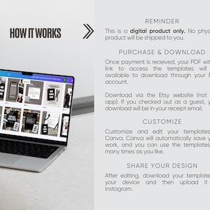 K&ouml;nnte beinhalten: Ein Laptop-Bildschirm zeigt eine digitale Produktvorlage. Der Text &bdquo;HOW IT WORKS&ldquo; steht oben links. Anweisungen umfassen Kauf, Download, Anpassung und Teilen auf Instagram. Es handelt sich um eine digitale Vorlage, kein physisches Produkt.