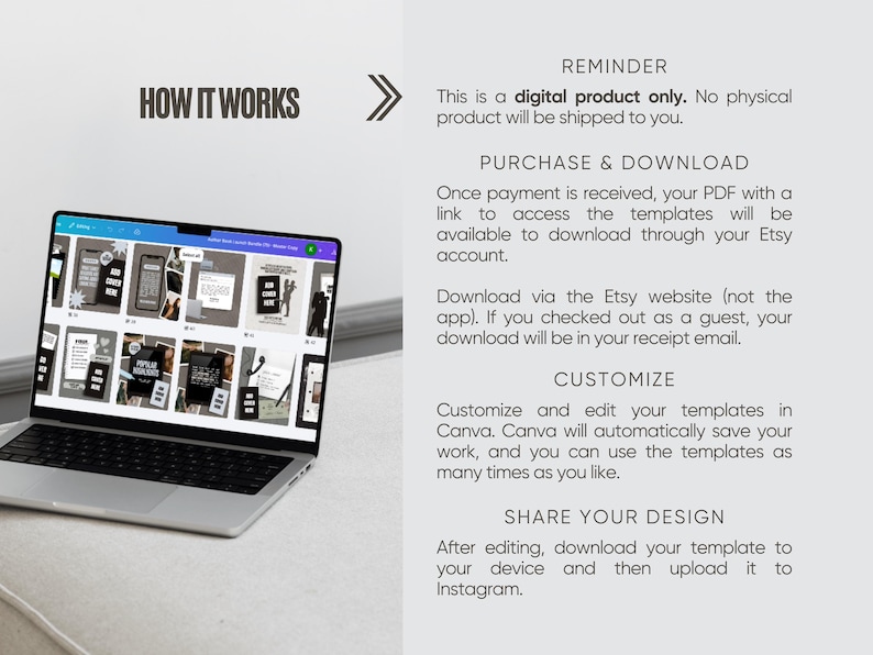 K&ouml;nnte beinhalten: Ein Laptop-Bildschirm zeigt eine digitale Produktvorlage. Der Text &bdquo;HOW IT WORKS&ldquo; steht oben links. Anweisungen umfassen Kauf, Download, Anpassung und Teilen auf Instagram. Es handelt sich um eine digitale Vorlage, kein physisches Produkt.