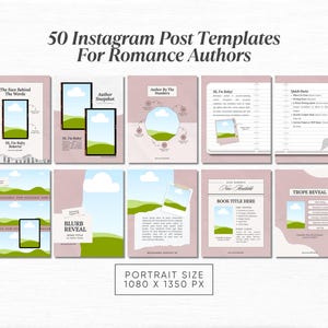 K&ouml;nnte beinhalten: Eine Sammlung von 50 Instagram-Post-Vorlagen f&uuml;r Romanautoren. Die Vorlagen verf&uuml;gen &uuml;ber ein sanftes Rosa- und Wei&szlig;-Farbschema mit verschiedenen Layouts, einschlie&szlig;lich Platz f&uuml;r Bilder, Text und Grafiken. Der Text enth&auml;lt "50 Instagram Post Templates For Romance Authors".