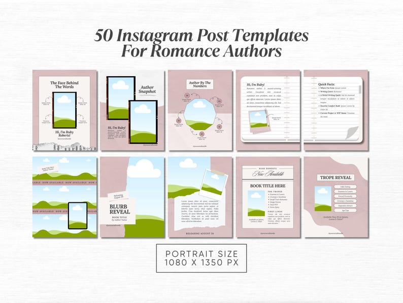 K&ouml;nnte beinhalten: Eine Sammlung von 50 Instagram-Post-Vorlagen f&uuml;r Romanautoren. Die Vorlagen verf&uuml;gen &uuml;ber ein sanftes Rosa- und Wei&szlig;-Farbschema mit verschiedenen Layouts, einschlie&szlig;lich Platz f&uuml;r Bilder, Text und Grafiken. Der Text enth&auml;lt "50 Instagram Post Templates For Romance Authors".