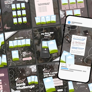 May include: A collection of digital social media templates for book reviews featuring dark backgrounds, white text, and placeholder image frames with green hills and blue skies. A smartphone displays a post with a caption and image placeholders.
