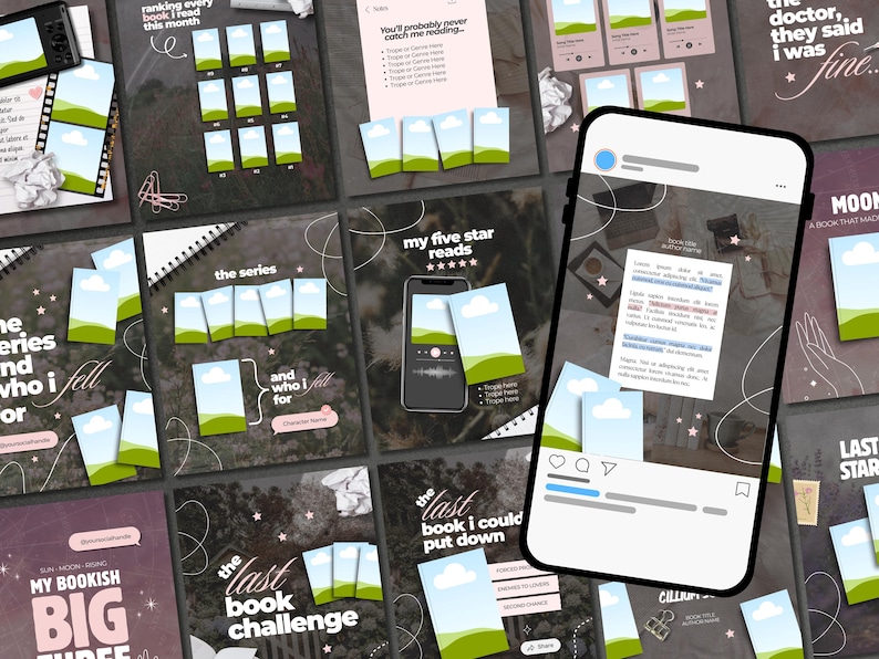 May include: A collection of digital social media templates for book reviews featuring dark backgrounds, white text, and placeholder image frames with green hills and blue skies. A smartphone displays a post with a caption and image placeholders.