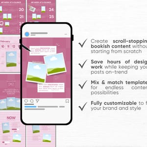 May include: A digital social media template set featuring a pink color palette with various layouts, including calendars and photo grids. A smartphone displays a post with two square photos and text boxes, while a list of four checkmarks appears.
