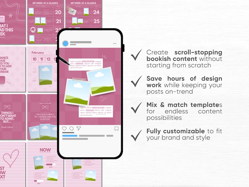 May include: A digital social media template set featuring a pink color palette with various layouts, including calendars and photo grids. A smartphone displays a post with two square photos and text boxes, while a list of four checkmarks appears.