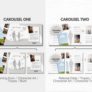 May include: A digital marketing template set for book promotion featuring two carousel layouts. Carousel One includes sections for character art, tropes, and a blurb. Carousel Two displays release date, tropes, character art, and character traits.