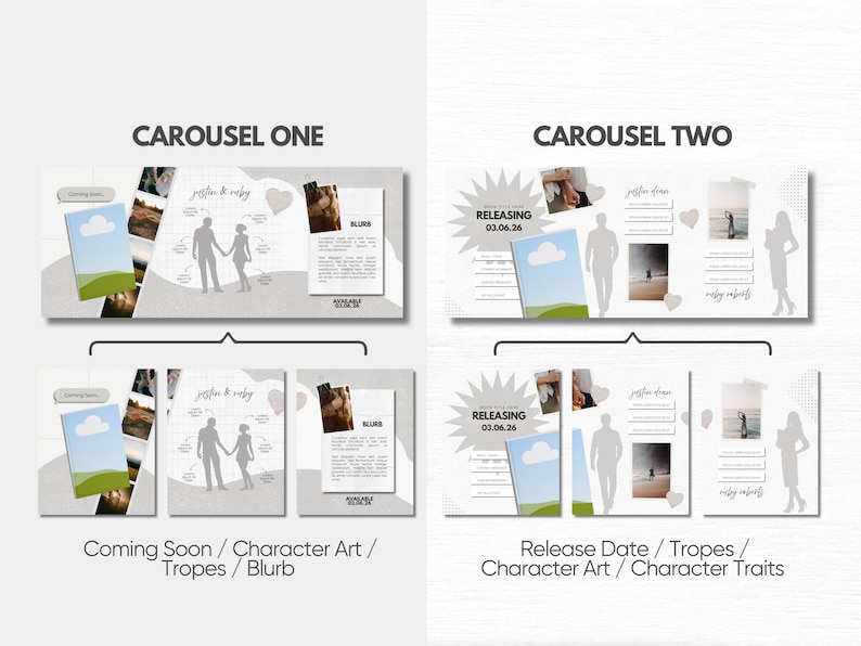 May include: A digital marketing template set for book promotion featuring two carousel layouts. Carousel One includes sections for character art, tropes, and a blurb. Carousel Two displays release date, tropes, character art, and character traits.