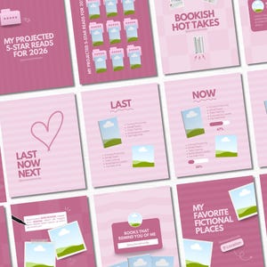 May include: A collection of digital templates in shades of pink featuring book-related themes. The layouts include text such as My Projected 5-Star Reads for 2026, Bookish Hot Takes, Last Now Next, and My Favorite Fictional Places with icons.