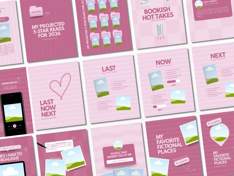 May include: A collection of digital templates in shades of pink featuring book-related themes. The layouts include text such as My Projected 5-Star Reads for 2026, Bookish Hot Takes, Last Now Next, and My Favorite Fictional Places with icons.