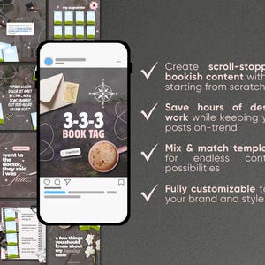 May include: A smartphone displaying a social media post titled 3-3-3 BOOK TAG with a compass graphic, an envelope, and a coffee mug. To the right, a list of four bullet points with checkmarks describes features for creating bookish content.