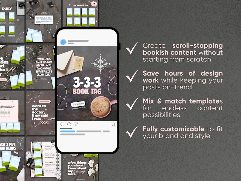 May include: A smartphone displaying a social media post titled 3-3-3 BOOK TAG with a compass graphic, an envelope, and a coffee mug. To the right, a list of four bullet points with checkmarks describes features for creating bookish content.