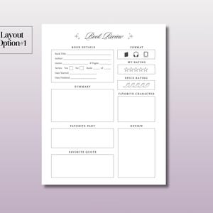 May include: A printable book review template with sections for book details, format, my rating, spice rating, summary, favorite part, favorite quote, favorite character, and review.