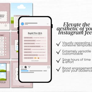 K&ouml;nnte beinhalten: Ein Smartphone zeigt einen Instagram-Post mit einer rosa-wei&szlig;en &Auml;sthetik, umgeben von Vorlagen. Auf dem Telefon steht "Rapid Fire Q&A". Das Bild enth&auml;lt auch den Text "Elevate the aesthetic of your Instagram feed".