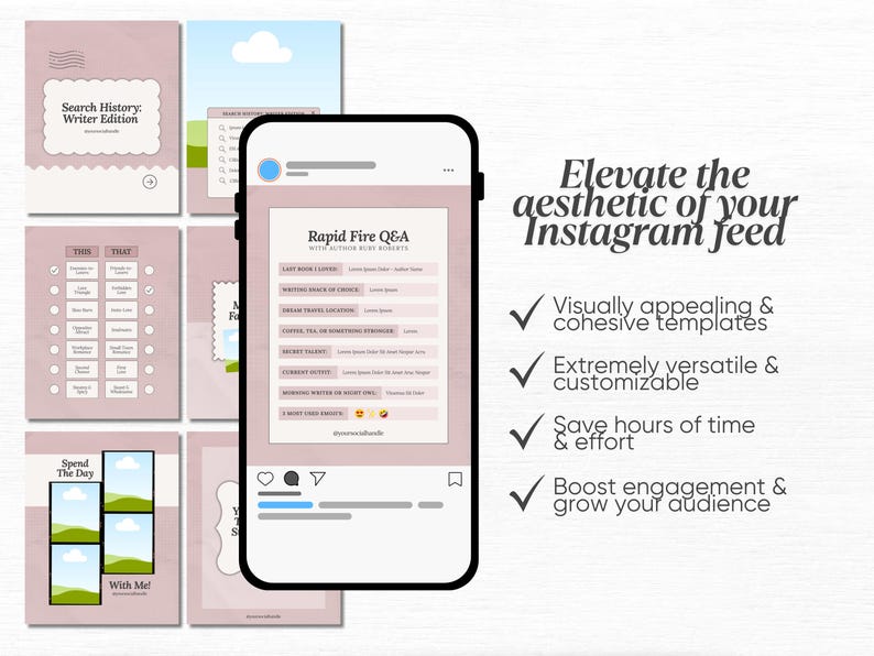 K&ouml;nnte beinhalten: Ein Smartphone zeigt einen Instagram-Post mit einer rosa-wei&szlig;en &Auml;sthetik, umgeben von Vorlagen. Auf dem Telefon steht "Rapid Fire Q&A". Das Bild enth&auml;lt auch den Text "Elevate the aesthetic of your Instagram feed".