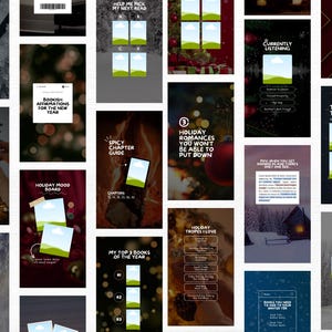 May include: A collection of digital graphics with text, including "A Book I Can't Stop Thinking About," "Help Me Pick My Next Read," and "Holiday Romances You Won't Be Able to Put Down." The graphics feature images and text.