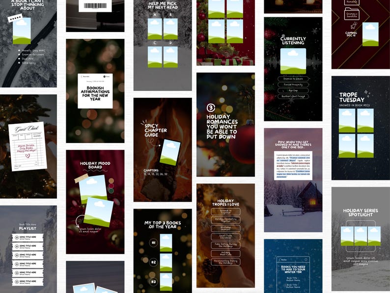 May include: A collection of digital graphics with text, including "A Book I Can't Stop Thinking About," "Help Me Pick My Next Read," and "Holiday Romances You Won't Be Able to Put Down." The graphics feature images and text.