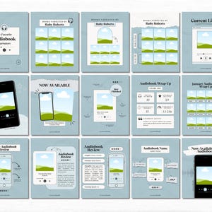 Puede incluir: Una colecci&oacute;n de plantillas digitales azul claro para rese&ntilde;as y res&uacute;menes de audiolibros. Los dise&ntilde;os presentan ilustraciones de tel&eacute;fonos inteligentes, gr&aacute;ficos de paisajes y texto como "My Favorite Audiobook Narrators" y "Now Available."
