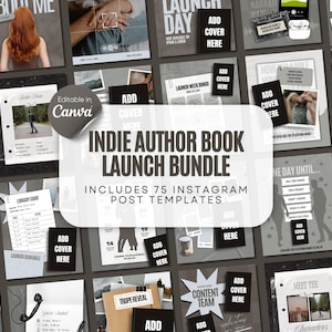 Puede incluir: Un conjunto de 75 plantillas de publicaciones de Instagram para autores independientes, con el texto "Indie Author Book Launch Bundle". Las plantillas están diseñadas para la promoción de libros, con espacios para añadir portadas y otros detalles. La paleta de colores es principalmente en escala de grises.
