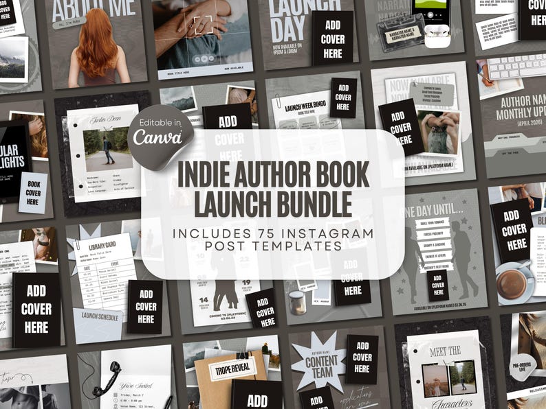 K&ouml;nnte beinhalten: Ein Paket mit 75 Instagram-Post-Vorlagen f&uuml;r Indie-Autoren, mit dem Text "Indie Author Book Launch Bundle". Die Vorlagen sind f&uuml;r die Buchwerbung konzipiert, mit Bereichen zum Hinzuf&uuml;gen von Buchcovern und anderen Details. Das Farbschema ist haupts&auml;chlich Graustufen.