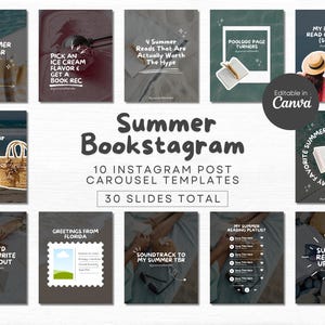 May include: A set of 10 Instagram post carousel templates with a summer book theme. The templates feature various designs with text such as "Summer Bookstagram", "My Summer 2025 TBR", and "5 Books to Pack in Your Beach Bag".