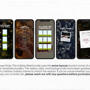 May include: Five smartphones displaying templates for social media reels. The screens show text and images related to books, holiday themes, and a guest check. The bottom of the image has a note about the bundle.