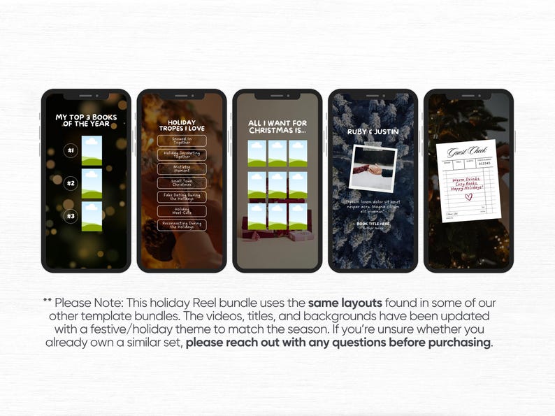 May include: Five smartphones displaying templates for social media reels. The screens show text and images related to books, holiday themes, and a guest check. The bottom of the image has a note about the bundle.