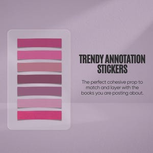 May include: A clear plastic rectangle holds seven pink annotation stickers in varying shades. The text "TRENDY ANNOTATION STICKERS" is displayed in black, along with a description of the product.