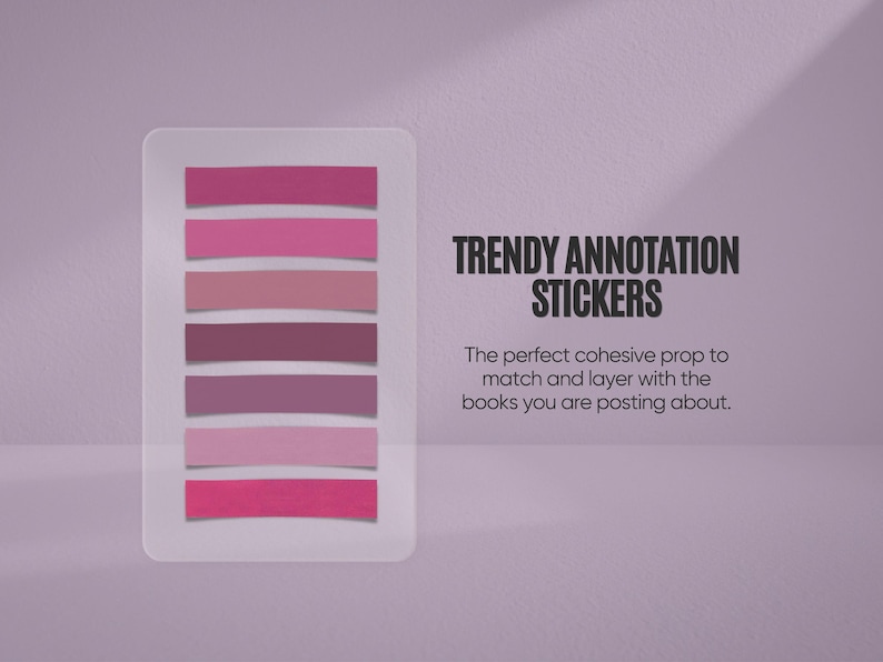May include: A clear plastic rectangle holds seven pink annotation stickers in varying shades. The text "TRENDY ANNOTATION STICKERS" is displayed in black, along with a description of the product.