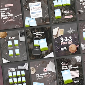 May include: A collection of digital social media templates for book lovers featuring dark brown and neutral backgrounds, white text overlays, and placeholders for book covers, titles, and authors, decorated with coffee cups, pens, and stars.