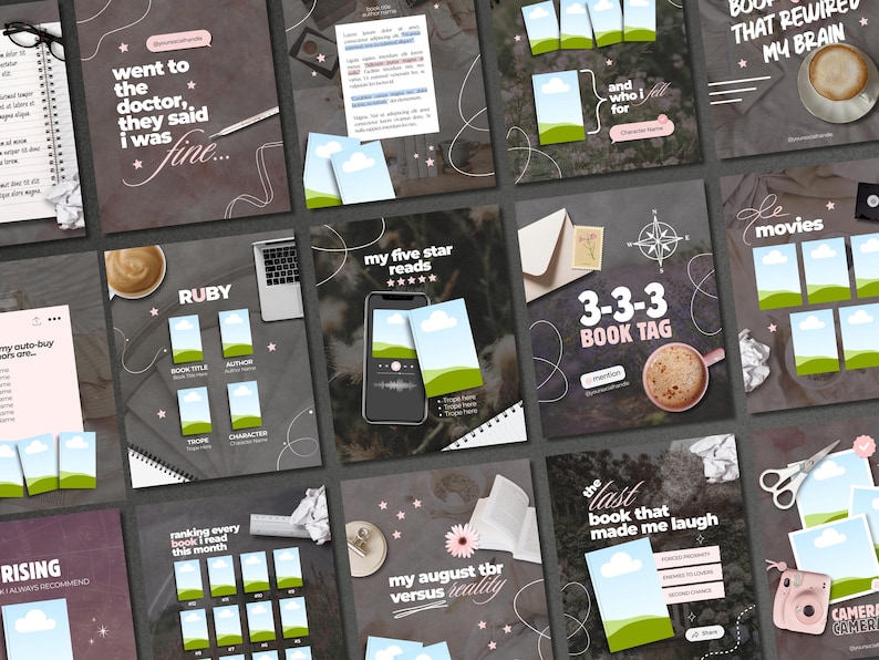 May include: A collection of digital social media templates for book lovers featuring dark brown and neutral backgrounds, white text overlays, and placeholders for book covers, titles, and authors, decorated with coffee cups, pens, and stars.