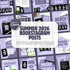 May include: A collection of Instagram post templates with a purple and white color scheme. The text on the templates reads "Summer 2026 Bookstagram Posts" and "Includes 42 Instagram Templates". The templates are designed for book-related content.