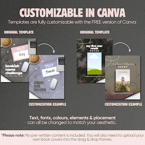May include: Digital templates for social media posts featuring bookish themes. The image displays original templates and customization examples with text like CUSTOMIZABLE IN CANVA, bookish name challenge, and my five star reads. Elements include coffee cups, laptops, and mice.