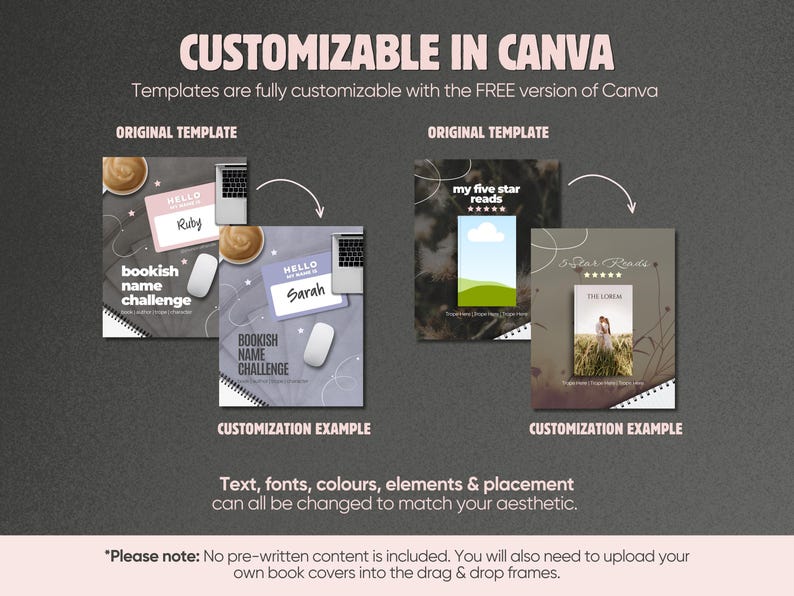 May include: Digital templates for social media posts featuring bookish themes. The image displays original templates and customization examples with text like CUSTOMIZABLE IN CANVA, bookish name challenge, and my five star reads. Elements include coffee cups, laptops, and mice.