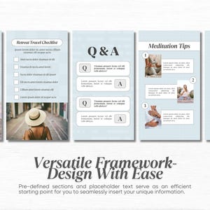 May include: A set of five light blue cards with black text and images. The cards are titled "Retreat Setting Tips", "Retreat Travel Checklist", "Q&A", "Meditation Tips", and "Top 5 Yoga Accessories". Each card has a different image and text.