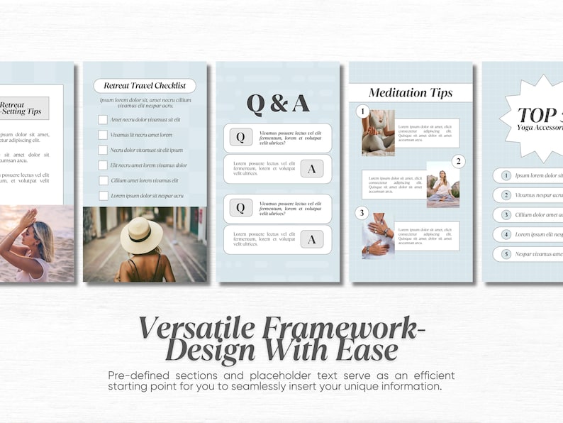May include: A set of five light blue cards with black text and images. The cards are titled "Retreat Setting Tips", "Retreat Travel Checklist", "Q&A", "Meditation Tips", and "Top 5 Yoga Accessories". Each card has a different image and text.
